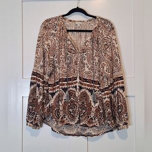 Lucky Brand Boho Peasant Hi Low Top Brown Cream Paisley Print Tassels Size 1X